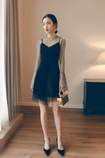 郵多多淘寶集運轉運時尚套裝 背帶裙 金絲絨 氣質 蕾絲 黑色 新款 韓版