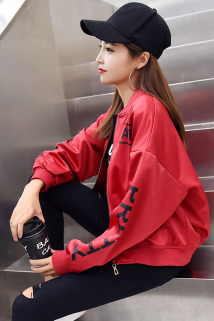 邮多多淘宝集运转运棒球外套 棒球服 长袖 宽松 字母印花 红色 纯色 新款 韩版 春季