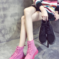 华人代购转运加拿大靴子 粗跟短靴 英伦风 平底 复古 粉色