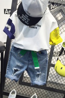 邮多多淘宝集运转运套装 中裤两件套 牛仔 拼接 韩版 男童 宝宝