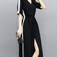华人代购转运澳大利亚连衣裙 收腰长裙 领 中长款 显瘦 黑色 时尚