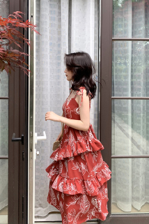 邮多多淘宝集运转运mimius2019夏装新款法国复古印花红色连衣裙气质显瘦过膝背带裙女