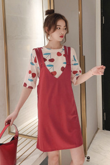 邮多多淘宝集运转运套装女2019新款韩版甜美樱桃印花短袖T恤加配背带裙子洋气两件套