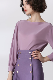 邮多多淘宝集运转运2019春装新款女真品紫色重磅真丝一字领宽松衬衫女长袖桑蚕丝上衣