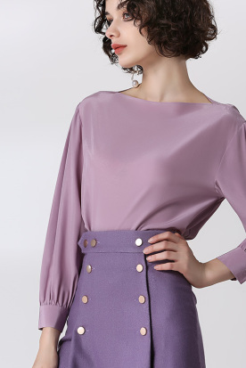 澳大利亞國內快遞到2019春裝新款女真品紫色重磅真絲一字領寬松襯衫女長袖桑蠶絲上衣時效