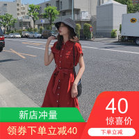 华人代购转运日本流行裙子2019夏新款女装智熏法式森系桔梗复古超仙红色雪纺连衣裙