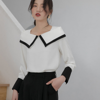 华人代购转运澳大利亚2020春款高品质女士白色雪纺衬衫女设计感小众心机上衣一字领衬衣