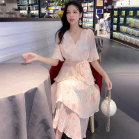 华人代购转运柬埔寨2020年女士春夏天新款收腰绑带复古水墨花色雪纺连衣裙蛋糕裙潮流