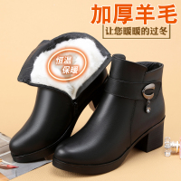 華人代購轉運媽媽棉鞋冬季保暖加絨中年靴子女士短靴粗跟中跟大碼真皮羊毛皮鞋