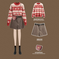 华人代购转运爱沙尼亚新年毛衣女士2020春季新款时尚宽松外穿内搭红色针织短裤两件套装