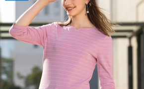 淘寶集運轉運到加拿大真維斯女裝 2020秋裝新款時尚圓領條紋織間彈性修身中袖女士T恤