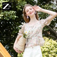 华人代购转运加拿大ZK粉色碎花短袖雪纺衫女式方领泡泡袖荷叶边短款上衣2020夏季新款