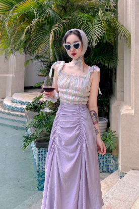 韩国国内快递到麓津自制《褶皱艺术》新款2020年女夏季高腰a字显瘦紫色半身裙子时效
