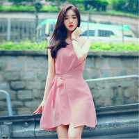华人代购转运丹麦2020夏季新款韩版甜美系带纯色宽松圆领不规则无袖女式a字连衣裙
