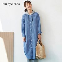 华人代购转运美国桑妮库拉/Sunny clouds 女式纯棉条纹连帽衬衫式连衣裙（蓝）