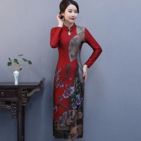 华人代购转运日本中年女士长袖中国风改良旗袍连衣裙长款秋季妈妈装修身高贵旗袍裙