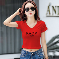 华人代购转运露脐上衣女2021年新款夏季短袖女士薄款修身短款t恤女红色V领体恤