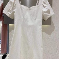 华人代购转运以色列白色连衣裙2021春夏新款一字领甜美纯色可爱短袖高腰显瘦超仙女士