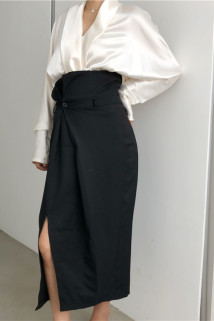 邮多多淘宝集运转运LOCK KK 黑色高腰半身裙2020夏新款设计感系带不对称开衩中长裙