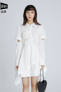 邮多多淘宝集运转运SUPERBOX女士连衣裙2021新款可拆卸长袖白色衬衫裙子显瘦露腰设计