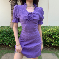 华人代购转运意大利怪诞女孩  法式紫色复古连衣裙个性绑带洋气短裙女灯笼袖心机裙子