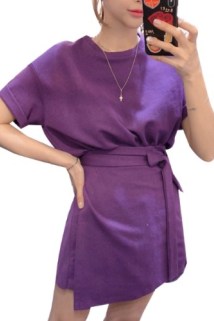 郵多多淘寶集運轉運2021夏裝新款紫色短袖連衣裙蝴蝶結綁帶收腰港味中長款裙子女裝