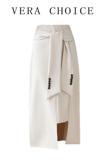 邮多多淘宝集运转运高腰显瘦开叉包臀裙女2021秋冬新款设计感绑带中长款白色半身裙潮