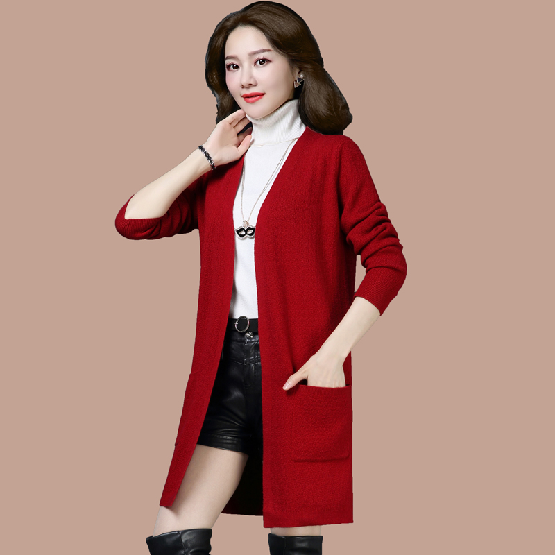 网红针织开衫女式春秋中长款外套宽松大码韩版红色羊毛衫外穿毛衣